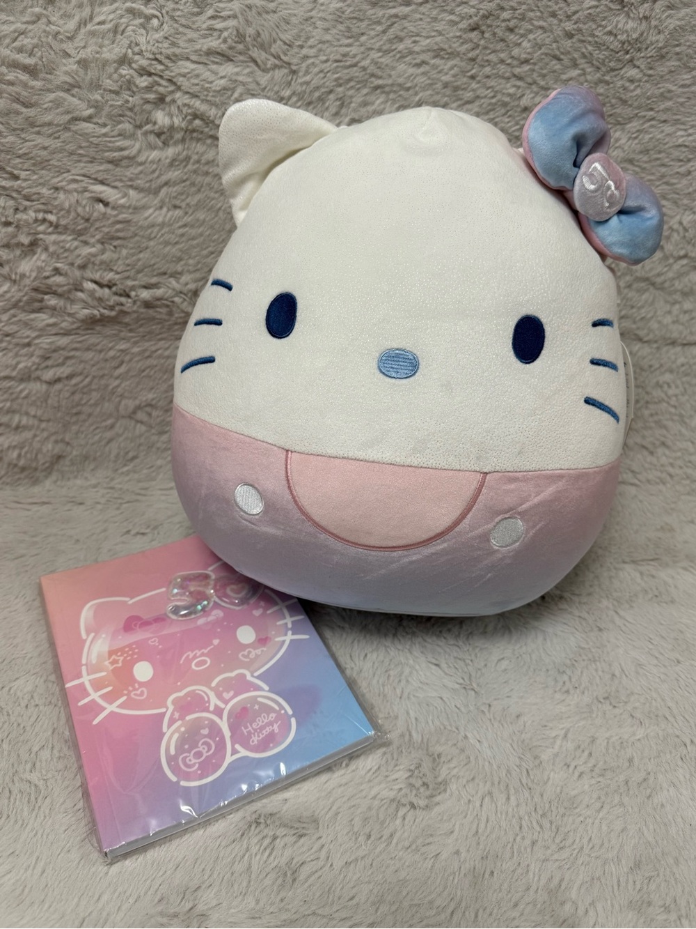 50th Anniversary Hello Kitty Plush in White,Pink & Blue Bow Accent with Notebook